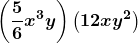 \boldsymbol{\displaystyle\left(\frac{5}{6}x^3y\right)\left(12xy^2\right)}