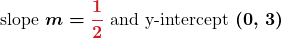 \displaystyle\boldsymbol{\text{slope } m = {\color{myred1}{\frac{1}{2}}} \text{ and y-intercept } (0,\, {\color{mypurple1}{3}})}
