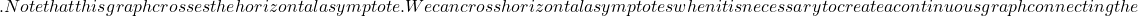 . Note that this graph crosses the horizontal asymptote. We can cross horizontal asymptotes when it is necessary to create a continuous graph connecting the