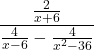 \displaystyle\frac{\frac{2} {x+6}}{\frac{4} {x-6} - \frac{4}{x^2 - 36}}