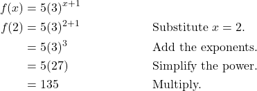 \begin{align*} f(x) &= 5(3)^{x+1} \\ f(2) &= 5(3)^{2+1} && \text{Substitute } x = 2. \\ &= 5(3)^{3} && \text{Add the exponents.} \\ &= 5(27) && \text{Simplify the power.} \\ &= 135 && \text{Multiply.} \end{align*}