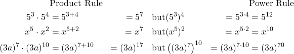 \begin{align*} &\text{Product Rule} &&&&&& \text{Power Rule} \\ 5^3 \cdot 5^4 &= 5^{3+4} &= 5^7 && \text{but} & (5^3)^4 &= 5^{3 \cdot 4} &= 5^{12} \\ x^5 \cdot x^2 &= x^{5+2} &= x^7 && \text{but} & (x^5)^2 &= x^{5 \cdot 2} &= x^{10} \\ (3a)^7 \cdot (3a)^{10} &= (3a)^{7+10} &= (3a)^{17} && \text{but} & \left((3a)^7\right)^{10} &= (3a)^{7 \cdot 10} &= (3a)^{70} \end{align*}