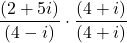 \dfrac{\left(2+5i\right)}{\left(4-i\right)} \cdot \dfrac{\left(4+i\right)}{\left(4+i\right)}