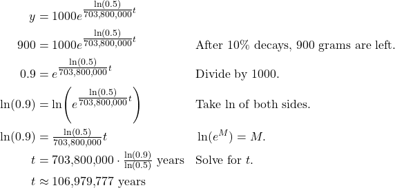 \begin{align*} y &= 1000e^{\tfrac{\ln(0.5)}{703{,}800{,}000}t} \\ 900 &= 1000e^{\tfrac{\ln(0.5)}{703{,}800{,}000}t} && \text{After 10\% decays, 900 grams are left.} \\ 0.9 &= e^{\tfrac{\ln(0.5)}{703{,}800{,}000}t} && \text{Divide by 1000.} \\ \ln(0.9) &= \ln\!\left(e^{\tfrac{\ln(0.5)}{703{,}800{,}000}t}\right) && \text{Take $\ln$ of both sides.} \\ \ln(0.9) &= \tfrac{\ln(0.5)}{703{,}800{,}000}t && \ln(e^{M}) = M. \\ t &= 703{,}800{,}000 \cdot \tfrac{\ln(0.9)}{\ln(0.5)} \ \text{years} && \text{Solve for $t$.} \\ t &\approx 106{,}979{,}777 \ \text{years} \end{align*}