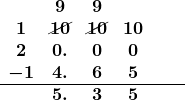 \[ \begin{array}{cccccc} & \boldsymbol{9} & \boldsymbol{9} &&&\\ \boldsymbol{1} & \cancel{\boldsymbol{10}} & \cancel{\boldsymbol{10}} & \boldsymbol{10} & &\\ \boldsymbol{2} & \boldsymbol{0.} & \boldsymbol{0} & \boldsymbol{0} && \\ \boldsymbol{-1} & \boldsymbol{4.} & \boldsymbol{6} & \boldsymbol{5} &&\\ \hline & \boldsymbol{5.} & \boldsymbol{3} & \boldsymbol{5} &&  \\ \end{array} \]