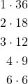 \begin{align*} 1 \cdot 36 \\ 2 \cdot 18 \\ 3 \cdot 12 \\ 4 \cdot 9 \\ 6 \cdot 6 \end{align*}
