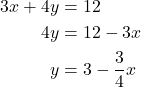 \begin{align*} 3x + 4y &= 12 \\ 4y &= 12 - 3x \\ y &= 3 - \frac{3}{4}x \end{align*}