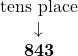 \[ \begin{array}{c} \color{myblue1}{\text{tens place}} \\ \color{myblue1}\downarrow \\ \textbf{843} \end{array} \]
