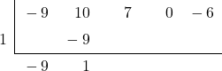 \polyhornerscheme[stage=4,x=1]{ -9{x}^{4}+10{x}^{3}+7{x}^{2}-6 }