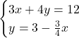 \begin{cases} 3x + 4y  = 12\\  y = 3 - \frac{3}{4}x \end{cases}