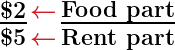 \huge \boldsymbol{\frac{\$2}{\$5} \genfrac{}{}{-.9pt}{}{\textcolor{myred1}{\leftarrow}}{\textcolor{myred1}{\leftarrow}} \frac{\textbf{Food part}}{\textbf{Rent part}}}