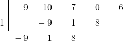 \polyhornerscheme[stage=7,x=1]{ -9{x}^{4}+10{x}^{3}+7{x}^{2}-6 }