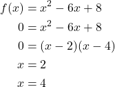 \begin{align*} f(x) &= x^2 - 6x + 8 \\ 0 &= x^2 - 6x + 8 \\ 0 &= (x-2)(x-4) \\ x &= 2 \\ x &=4\end{align*}