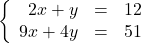 \left\{\begin{array}{rcl} 2x + y & = & 12\\ 9x + 4y  & = & 51\end{array}\right.