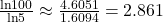 \frac{\text{ln}100}{\text{ln}5} \approx \frac{4.6051}{1.6094}=2.861