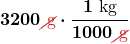 $\displaystyle \boldsymbol{3200\textcolor{myred1}{\Ccancel[myred1]{\text{ g}}} \cdot \frac{1 \text{ kg}}{1000 \textcolor{myred1}{\Ccancel[myred1]{\text{ g}}}}}$