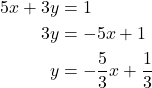 \begin{align*} 5x + 3y &= 1 \\ 3y &= -5x + 1 \\ y &= -\dfrac{5}{3}x + \dfrac{1}{3} \end{align*}