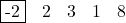\[ \begin{array}{cccccc} \fbox{-2} & 2 & 3 & 1 & 8 &\\\end{center}\]