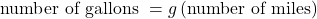 \text{number of gallons }=g\left(\text{number of miles}\right)