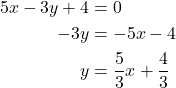 \begin{align*} 5x - 3y + 4 &= 0 \\ -3y &= -5x - 4 \\ y &= \dfrac{5}{3}x + \dfrac{4}{3} \end{align*}