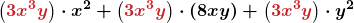 \displaystyle\boldsymbol{\left({\color{myred1}{ 3x^3y}}\right) \cdot x^2 + \left({\color{myred1}{3x^3y}}\right) \cdot\left(−8xy\right) + \left({\color{myred1}{ 3x^3y}}\right)\cdot y^2}