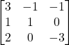 \begin{align*} \begin{bmatrix} 3 & -1 & -1 \\ 1 & 1 & 0 \\ 2 & 0 & -3 \end{bmatrix} \end{align*}