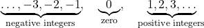 \begin{align*} \underbrace{\dots, -3, -2, -1}_{\text{negative integers}}, \quad \underbrace{0}_{\text{zero}}, \quad \underbrace{1, 2, 3, \dots}_{\text{positive integers}} \end{align*}