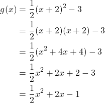 \begin{align*} g(x) &= \frac{1}{2}(x+2)^{2} - 3 \\ &= \frac{1}{2}(x+2)(x+2) - 3 \\ &= \frac{1}{2}(x^{2} + 4x + 4) - 3 \\ &= \frac{1}{2}x^{2} + 2x + 2 - 3 \\ &= \frac{1}{2}x^{2} + 2x - 1 \end{align*}