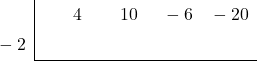\polyhornerscheme[stage=1,x=-2]{4{x}^{3}+10{x}^{2}-6x-20}