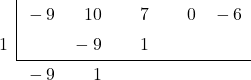 \polyhornerscheme[stage=5,x=1]{ -9{x}^{4}+10{x}^{3}+7{x}^{2}-6 }