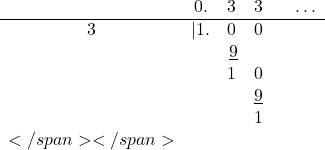 \[\begin{center} \begin{array}{cccccc} & 0. & 3 & 3 &  & \ldots \\ \hline 3 & |1. & 0 & 0 &  & \\ & &\,\underline{9}  &  & \\ && 1 & 0  &  \\ & & &\underline{9}  & \\ & & &1 & & \\</span></span> \end{center}\]