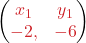  \displaystyle \begin{pmatrix} \textcolor{myred1}{x_1} & \textcolor{myred1}{y_1} \\ \textcolor{myred1}{-2,} & \textcolor{myred1}{-6} \end{pmatrix}
