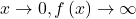 x \rightarrow 0, f\left(x\right) \rightarrow \infty