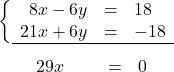 \[\left\{\begin{array}{rcl} 8x -6y & = & 18\\ 21x +6y & = &-18\\ \hline\end{array}\right.\]\[\begin{array}{rcl} \hspace{0.2cm}29x &\hspace{0.6cm} = & 0\end{array}\]