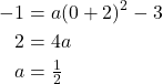 \begin{align*} -1 &= a(0+2)^{2} - 3 \\ 2 &= 4a \\ a &= \tfrac{1}{2} \end{align*}
