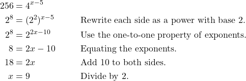 \begin{align*} 256 &= 4^{x-5} \\ 2^{8} &= (2^{2})^{x-5} && \text{Rewrite each side as a power with base 2.} \\ 2^{8} &= 2^{2x-10} && \text{Use the one-to-one property of exponents.} \\ 8 &= 2x - 10 && \text{Equating the exponents.} \\ 18 &= 2x && \text{Add 10 to both sides.} \\ x &= 9 && \text{Divide by 2.} \end{align*}