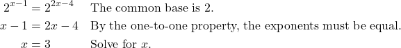 \begin{align*} 2^{x-1} &= 2^{2x-4} && \text{The common base is 2.} \\ x - 1 &= 2x - 4 && \text{By the one-to-one property, the exponents must be equal.} \\ x &= 3 && \text{Solve for $x$.} \end{align*}