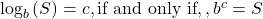 {\text{log}}_{b}\left(S\right)=c, \text{if and only if},,{b}^{c}=S