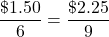 \displaystyle \frac{\$1.50}{6} = \frac{\$2.25}{9}