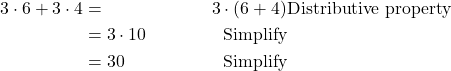 \begin{align*} 3\cdot 6+3\cdot 4&= & 3\cdot \left(6+4\right) & \text{Distributive property} \\ &=  3\cdot 10 & \text{Simplify}\\ &=  30 & \text{Simplify} \end{align*}