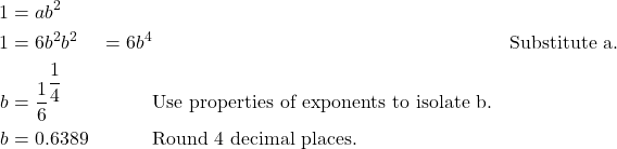 \begin{align*} 1 &= ab^{2} \\ 1&= 6b^{2}b^{2}  &=6b^{4}  && \text{Substitute a.} \\ b &= \dfrac{1}{6}^{\dfrac{1}{4}} && \text{Use properties of exponents to isolate b.} \\ b & = 0.6389 && \text{Round 4 decimal places.} \end{align*}
