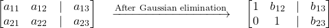 \begin{align*} \begin{bmatrix} a_{11} & a_{12} &| & a_{13} \\ a_{21} & a_{22} & | & a_{23} \end{bmatrix} \quad \xrightarrow{\text{After Gaussian elimination}} \quad \begin{bmatrix} 1 & b_{12} & | &b_{13} \\ 0 & 1 & | & b_{23} \end{bmatrix} \end{align*}