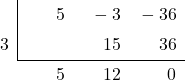 \polyhornerscheme[stage=6,x=3]{5x^2-3x-36}