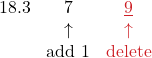 \[ \begin{array}{ccc} 18.3 &\color{myblue1}7 & \color{myred1}\underline{9} \\ & \color{myblue1}\uparrow & \color{myred1}\uparrow \\ & \color{myblue1}\text{add 1} & \color{myred1}\text{delete} \\ \end{array} \]