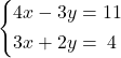 \systeme*{4x-3y=11, 3x+2y=4}