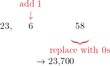 \[\large{ \begin{array}{ccc} & \color{myred1}\text{add 1} & \\ & \color{myred1}\downarrow & \\ \text{23,} & 6 & \text{58} \\ & & \color{myred1}\underbrace{} \\ & & \color{myred1}\text{replace with 0s} \\ \multicolumn{3}{c}{\color{myblue1}\rightarrow\text{23,700}} \end{array} }\]