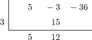 \polyhornerscheme[stage=4,x=3]{5x^2-3x-36}