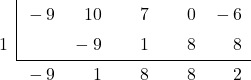 \polyhornerscheme[stage=10,x=1]{ -9{x}^{4}+10{x}^{3}+7{x}^{2}-6 }