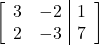 \begin{align*} \left[ \begin{array}{rr|r} 3 & -2 & 1 \\ 2 & -3 & 7 \end{array} \right] \end{align*}