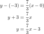 \begin{align*} \displaystyle y - (-3) &= \frac{7}{3}(x - 0) \\ y + 3 &= \frac{7}{3}x \\ y &= \frac{7}{3}x - 3 \end{align*}